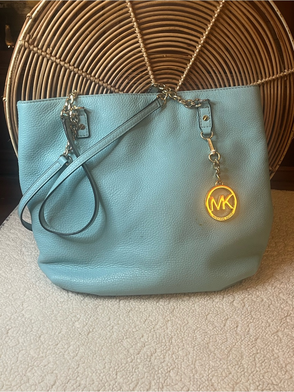 Michael Kors Aqua Leather Tote with Gold MK Charm